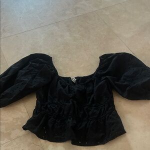 A new Day Black Puff Sleeve Swiss Dot Peplum Top